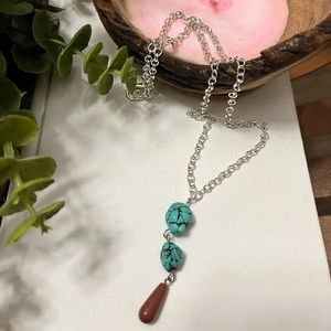 TURQUOISE AND RED GOLDSTONE SILVER PLATED NECKLACE